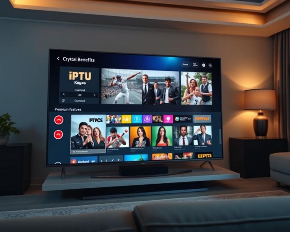A high-end IPTV service package with premium features, displayed on a sleek, modern smart TV interface. In the foreground, icons and graphics highlight the key benefits: crystal-clear HD video, live TV channels, on-demand content, and a user-friendly experience. The middle ground showcases a diverse range of entertainment options, from live sports to the latest movies and shows. The background depicts a dimly lit, elegant living room setting, creating a premium, luxurious atmosphere. Soft, warm lighting and subtle camera angles emphasize the refined, sophisticated nature of the premium IPTV service.