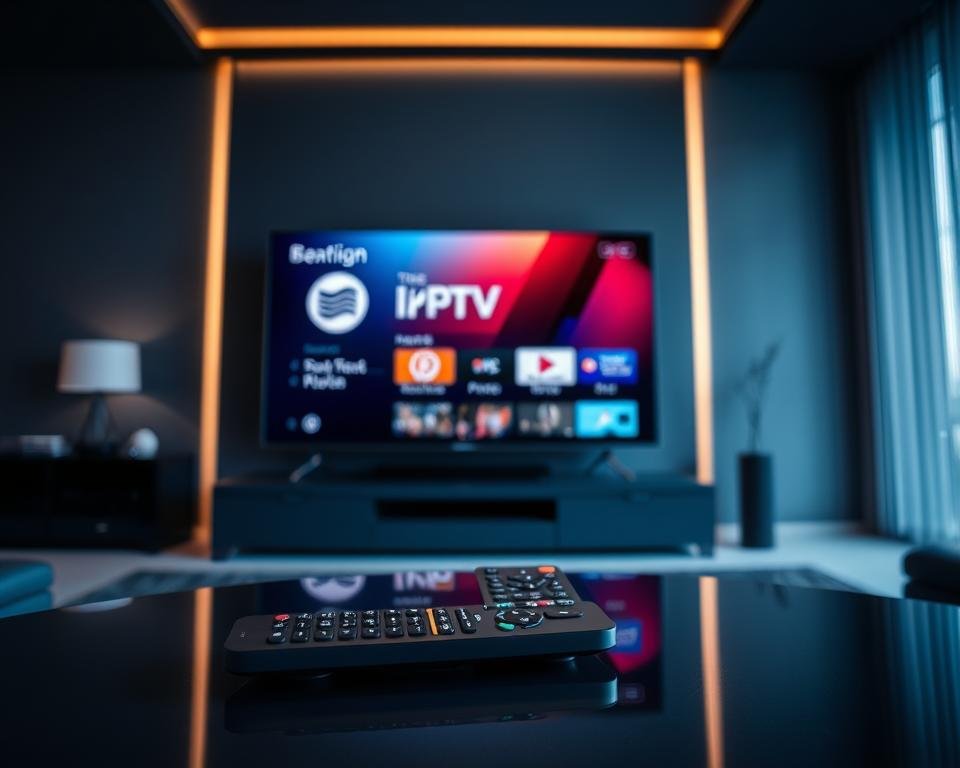 A high-end UK IPTV service operating in a sleek, modern interface. The foreground features a large, vibrant television screen displaying a premium streaming service's logo and user interface, showcasing its seamless navigation and high-quality video playback. In the middle ground, a remote control with intuitive buttons and a minimalist design rests on a glossy, reflective surface, emphasizing the service's user-friendly controls. The background depicts a dimly lit, minimalist living room setting with clean lines, subtle ambient lighting, and a sense of contemporary sophistication, creating an atmosphere of a premium, cutting-edge entertainment experience.