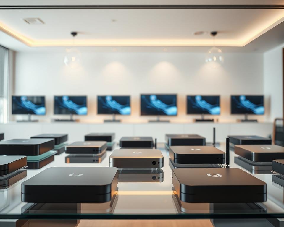 A high-end electronics showroom featuring an assortment of sleek, modern streaming devices meticulously displayed on a glass display table. The devices are captured in a crisp, well-lit environment with soft, diffused lighting accentuating their polished metallic accents and smooth, minimalist designs. The scene exudes a sense of sophistication and technological innovation, inviting the viewer to closely examine the latest premium IPTV and Android box offerings. The background is clean and uncluttered, allowing the products to take center stage and showcase their premium features and capabilities. A high-end electronics showroom featuring an assortment of sleek, modern streaming devices meticulously displayed on a glass display table. The devices are captured in a crisp, well-lit environment with soft, diffused lighting accentuating their polished metallic accents and smooth, minimalist designs. The scene exudes a sense of sophistication and technological innovation, inviting the viewer to closely examine the latest premium IPTV and Android box offerings. The background is clean and uncluttered, allowing the products to take center stage and showcase their premium features and capabilities.