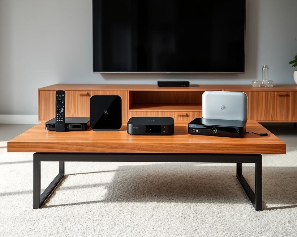 A high-end home entertainment setup with an array of top-rated IPTV streaming devices prominently displayed on a sleek, modern wooden table. The devices are showcased against a minimalist backdrop, with soft, natural lighting illuminating their clean lines and premium finishes. The arrangement conveys a sense of technological sophistication and the devices' ability to deliver exceptional IPTV performance for UK users. The overall composition emphasizes the quality and versatility of these best-in-class IPTV streaming solutions.