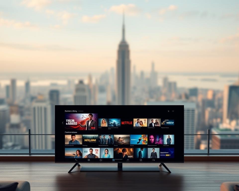 A high-end, modern streaming service interface, showcasing a sleek, minimalist design with a focus on premium features. In the foreground, a central media player displays lush, vibrant video content, surrounded by a clean, responsive user experience with intuitive navigation controls. The middle ground features a collection of dynamic thumbnails highlighting the service's extensive on-demand library, including a variety of popular TV shows and movies. The background depicts a soft, blurred cityscape, conveying a sense of sophistication and urban connectivity. The lighting is natural, with subtle highlights accentuating the digital elements, creating a visually appealing and immersive streaming experience.