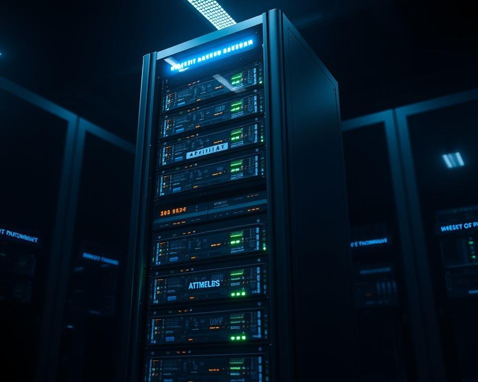 A high-performance UK server rack standing tall, sleek and imposing, its blinking lights and cooling fans visible through the tempered glass panels. The server's efficient architecture and optimized software stack are symbolized by glowing blue and green accents, conveying reliable, uninterrupted 4K streaming performance. The background is a dimly lit server room, with a subtle depth of field effect drawing the viewer's focus to the central server. Soft, diffused lighting casts dramatic shadows, imbuing the scene with a sense of professionalism and technological prowess. The overall mood is one of cutting-edge infrastructure, ready to deliver seamless, high-quality IPTV experiences to users across the UK.