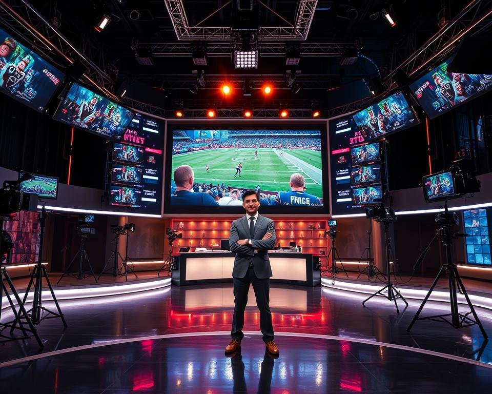 A high-production sports broadcast studio with premium equipment and professional talent. A large video wall displays an exciting sports event, surrounded by video monitors, cameras, and lighting rigs. In the foreground, a sports presenter stands confidently in front of a sleek, modern set, ready to deliver expert commentary and analysis to viewers. The atmosphere is one of energy, expertise, and the thrill of live sports coverage. The lighting is dramatic, with a mix of warm and cool tones, creating a premium, cinematic feel.