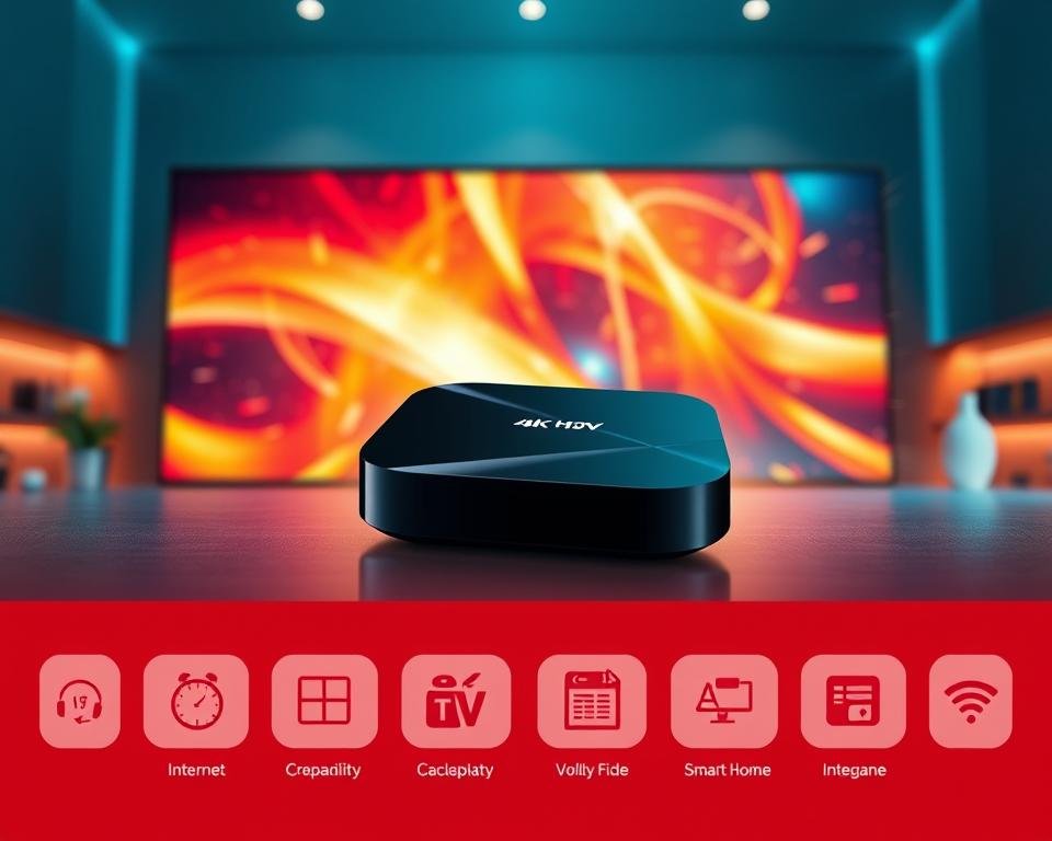 A high-quality 4K HDR streaming experience, showcasing a sleek and modern Android TV box set against a backdrop of vibrant colors and crisp, detailed visuals. The device is prominently displayed, its clean lines and glossy finish reflecting the technological advancements of the latest streaming hardware. The foreground features various icons and UI elements, highlighting the key features and capabilities of the device, such as internet connectivity, media playback, and smart home integration. The middle ground presents a dynamic and immersive scene, with dynamic lighting and atmospheric effects that convey the essence of a premium entertainment experience. The background features a minimalist, yet visually stunning environment that complements the overall aesthetic, creating a sense of balance and harmony. A high-quality 4K HDR streaming experience, showcasing a sleek and modern Android TV box set against a backdrop of vibrant colors and crisp, detailed visuals. The device is prominently displayed, its clean lines and glossy finish reflecting the technological advancements of the latest streaming hardware. The foreground features various icons and UI elements, highlighting the key features and capabilities of the device, such as internet connectivity, media playback, and smart home integration. The middle ground presents a dynamic and immersive scene, with dynamic lighting and atmospheric effects that convey the essence of a premium entertainment experience. The background features a minimalist, yet visually stunning environment that complements the overall aesthetic, creating a sense of balance and harmony.