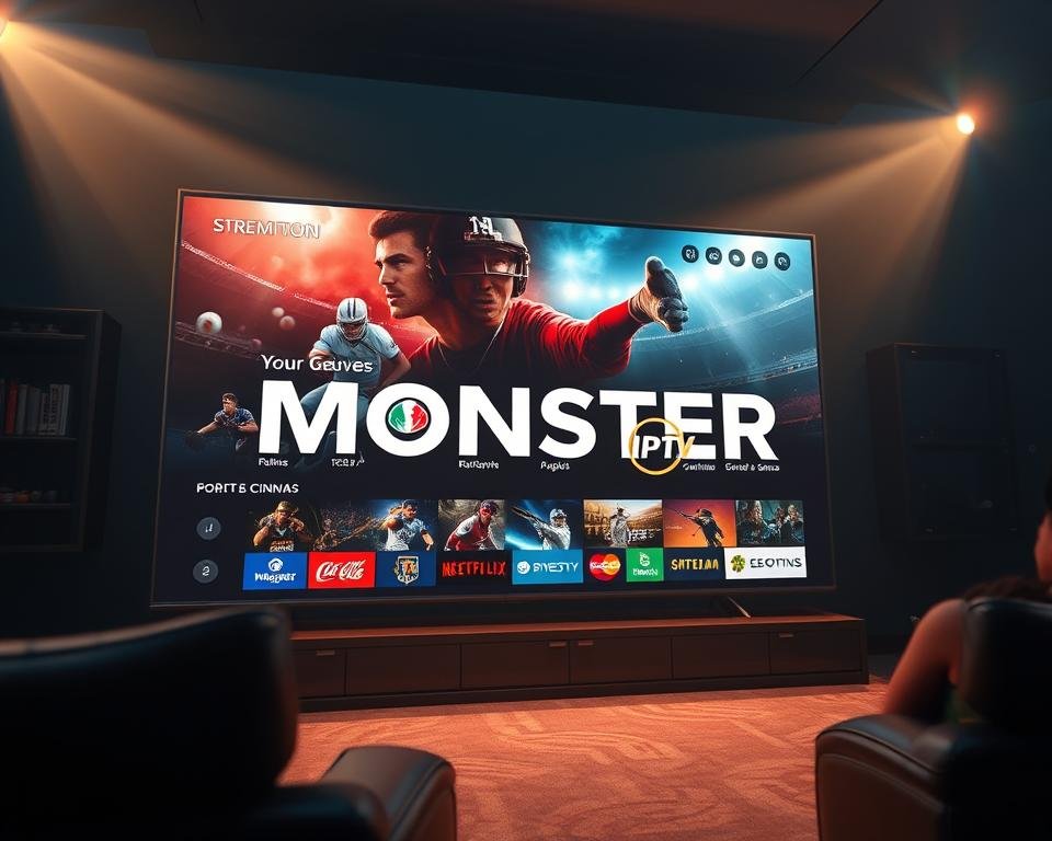 A high-quality, cinematic rendering of a "Monster IPTV" streaming service interface. Prominently display a large, captivating hero image showcasing a variety of sports and cinema content. The interface should have a sleek, modern design with bold, contrasting colors and clean typography. Depict the interface in a cinematic, 3D environment with dramatic lighting, depth of field, and camera angle to convey a sense of high-end, premium quality. Include subtle details like streaming progress bars, genre icons, and user interface elements to reinforce the streaming service theme. The overall mood should be one of excitement, entertainment, and top-tier production value. A high-quality, cinematic rendering of a "Monster IPTV" streaming service interface. Prominently display a large, captivating hero image showcasing a variety of sports and cinema content. The interface should have a sleek, modern design with bold, contrasting colors and clean typography. Depict the interface in a cinematic, 3D environment with dramatic lighting, depth of field, and camera angle to convey a sense of high-end, premium quality. Include subtle details like streaming progress bars, genre icons, and user interface elements to reinforce the streaming service theme. The overall mood should be one of excitement, entertainment, and top-tier production value.