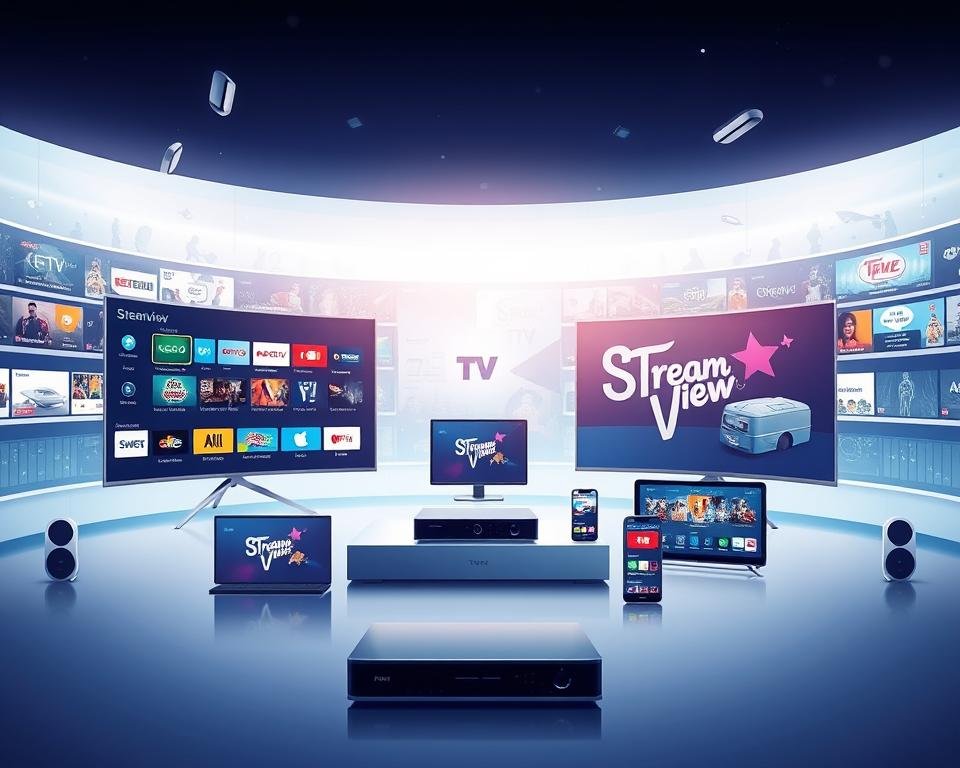 A high-quality, detailed illustration showcasing the features and offerings of the StreamView IPTV service. The image should have a clean, modern, and visually appealing design, with a focus on emphasizing the key capabilities of the platform. The foreground should feature a sleek, minimalist user interface, prominently displaying the StreamView logo and key service features such as live TV channels, on-demand content, catch-up TV, and recording capabilities. The middle ground should depict various devices (e.g., smart TV, mobile, tablet) seamlessly integrated with the StreamView service, highlighting its cross-platform accessibility. The background should convey a sense of a vibrant, dynamic entertainment ecosystem, with stylized representations of the extensive channel lineup, content diversity, and the overall user experience. Utilize clean, high-contrast colors, sharp lines, and a well-balanced composition to create a visually striking and informative image that effectively communicates the value