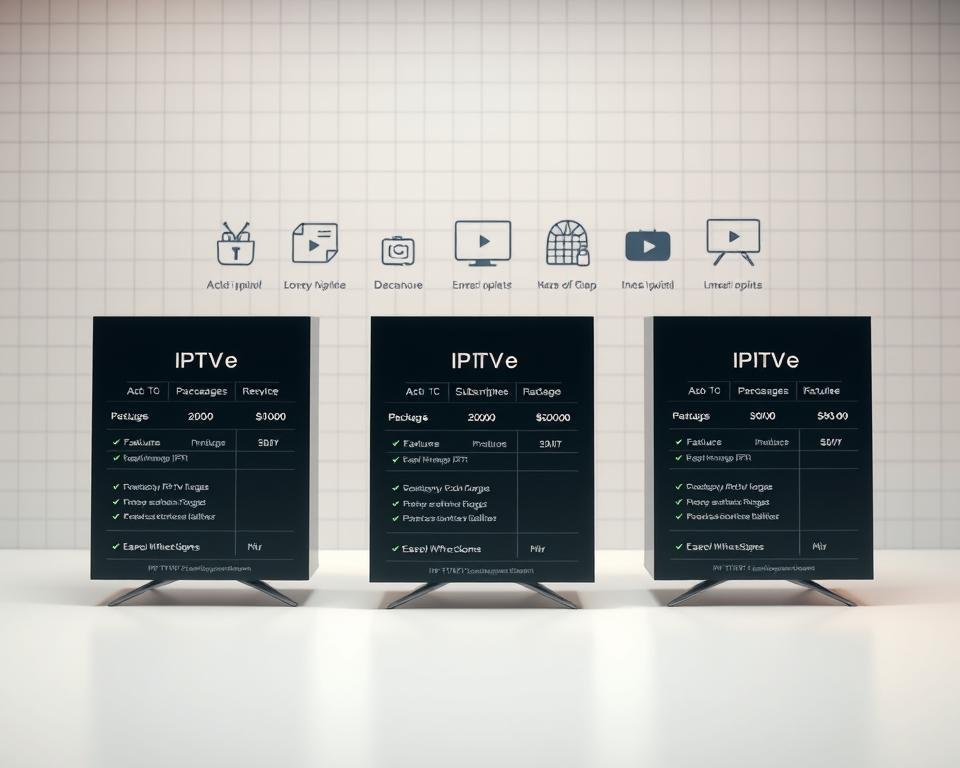 A high-quality, detailed image of IPTV subscription plans presented in a clean, professional manner. The foreground shows three tiers of IPTV packages with clear pricing, features, and subscription durations. The middle ground features sleek, modern icons and graphics illustrating the key services included. The background has a subtle grid or graph pattern, conveying the structured, organized nature of the plans. The overall mood is calm, minimalist, and informative, with a focus on highlighting the key details of the IPTV offerings. Lighting is soft and even, with a slight warm tone. The camera angle is straight-on, creating a balanced, symmetrical composition.