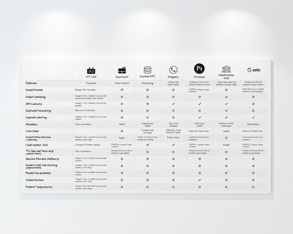 A high-quality, evenly lit comparison chart showcasing the key features of leading IPTV service providers. The chart is displayed on a minimalist white background, allowing the information to take center stage. The layout is clean and organized, with crisp icons, well-defined columns, and clear, readable text. The overall mood is professional and informative, designed to help the viewer easily evaluate and contrast the different service offerings. A high-quality, evenly lit comparison chart showcasing the key features of leading IPTV service providers. The chart is displayed on a minimalist white background, allowing the information to take center stage. The layout is clean and organized, with crisp icons, well-defined columns, and clear, readable text. The overall mood is professional and informative, designed to help the viewer easily evaluate and contrast the different service offerings.
