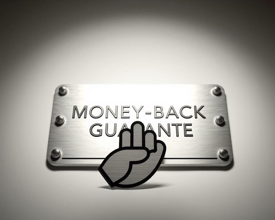 A high-quality image of a money-back guarantee, featuring a crisp, clean design with a contemporary aesthetic. In the foreground, a bold, minimalist icon representing a hand holding coins, symbolizing the financial assurance of the guarantee. The middle ground showcases a sleek, metallic plaque with the words "MONEY-BACK GUARANTEE" engraved in a modern, sans-serif font, conveying a sense of reliability and trustworthiness. The background is a soft, neutral gradient, creating a simple yet refined composition that allows the key elements to take center stage. The lighting is subtle, with gentle highlights accentuating the metallic finish, evoking a premium, high-end feel. The overall mood is one of confidence, transparency, and financial security.