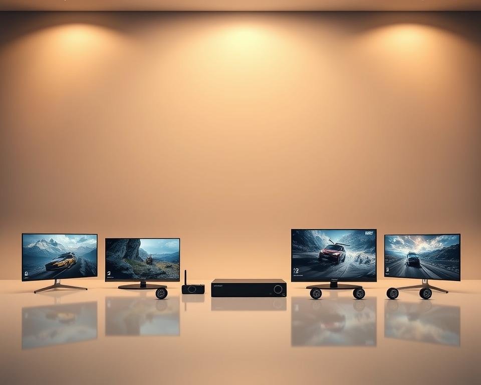 A high-quality, photorealistic comparison of the leading UK IPTV providers, showcasing their key features and services. Set against a sleek, minimalist background, the image features neatly arranged product shots and icons, providing a clear, side-by-side overview. Soft, warm lighting creates a professional, trustworthy atmosphere, while a subtle depth of field emphasizes the focal point. The composition is well-balanced, with a harmonious color palette and clean, modern aesthetics to match the subject matter. The overall impression is one of an authoritative, comprehensive guide to the top IPTV options available to UK consumers.