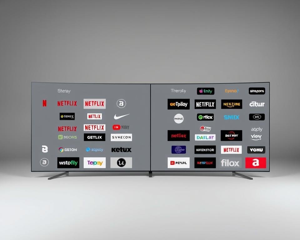 A high-quality studio photograph of a streaming service comparison, showcasing a detailed side-by-side layout of various popular streaming platforms. The image has a sleek, minimalist design with each service represented by its distinct logo and color scheme. The background is a soft, neutral gray, allowing the logos to stand out prominently. The overall composition is well-balanced, with each element positioned symmetrically and strategically to create a visually appealing and informative display. The lighting is soft and even, creating a professional, polished look. The camera angle is slightly elevated, providing a clear, comprehensive view of the comparison. A high-quality studio photograph of a streaming service comparison, showcasing a detailed side-by-side layout of various popular streaming platforms. The image has a sleek, minimalist design with each service represented by its distinct logo and color scheme. The background is a soft, neutral gray, allowing the logos to stand out prominently. The overall composition is well-balanced, with each element positioned symmetrically and strategically to create a visually appealing and informative display. The lighting is soft and even, creating a professional, polished look. The camera angle is slightly elevated, providing a clear, comprehensive view of the comparison.