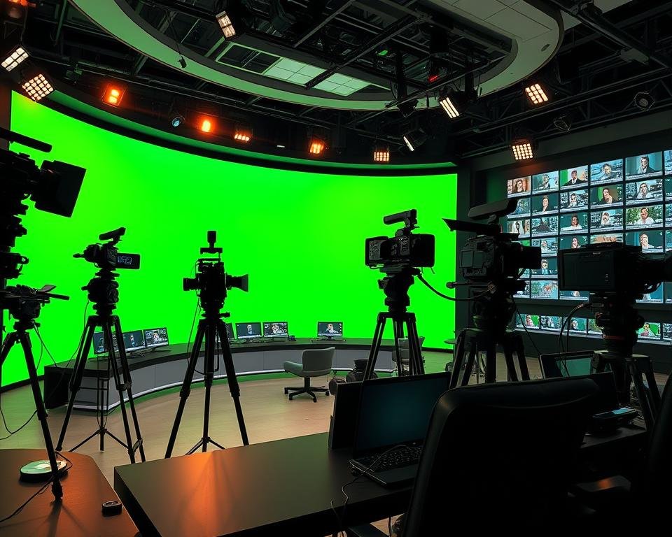 A high-quality television studio with a large curved green screen backdrop, multiple HD video cameras, professional lighting fixtures, and a control room with rows of monitors displaying various live channel feeds. The scene has a sleek, modern aesthetic with a touch of cinematic drama. The lighting is warm and balanced, creating a sense of depth and dimensionality. The cameras are positioned at dynamic angles, capturing the action from different perspectives. The overall atmosphere is one of technological sophistication and the excitement of live television production.