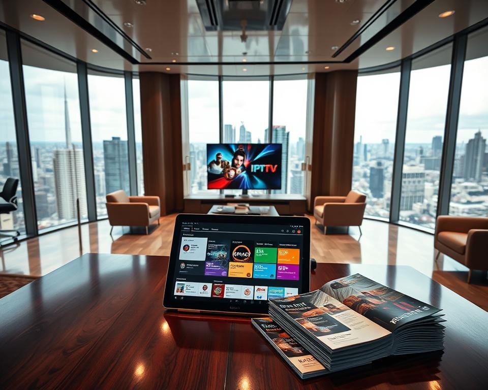 A high-quality, visually striking image of "exclusive IPTV subscription offers" for the article section "Exclusive UK IPTV Best Offer Today UK": A shimmering, glass-walled office interior with sleek, modern furniture and recessed lighting. In the foreground, a mahogany desk with a laptop and tablet displaying colorful IPTV subscription plans and package details. Beside them, a neatly arranged stack of brochures showcasing premium IPTV service tiers. In the background, floor-to-ceiling windows offer a panoramic view of a bustling city skyline. The overall mood is one of exclusivity, professionalism, and technological sophistication.