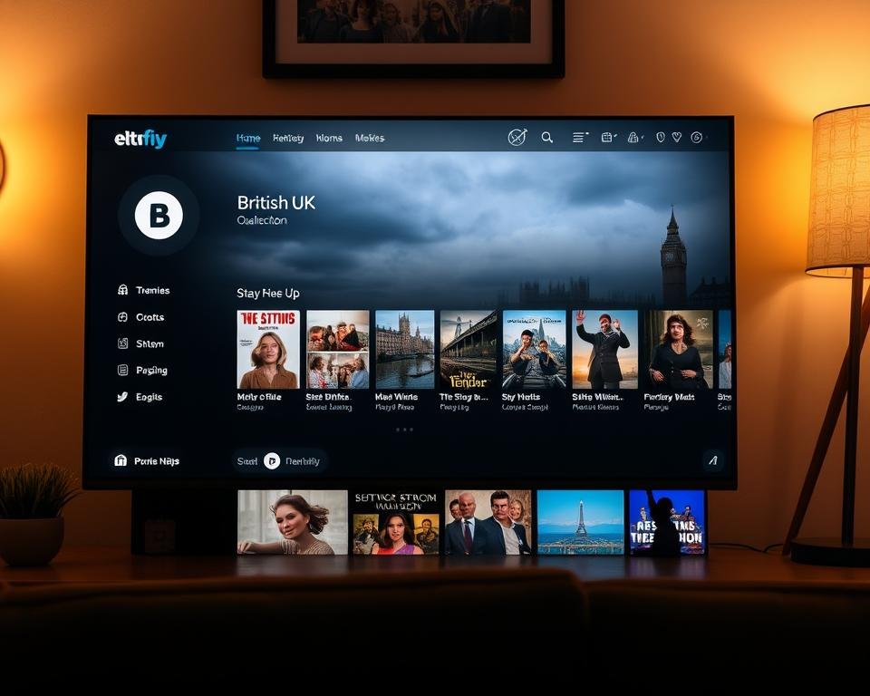 A high-quality, well-designed user interface for a dedicated UK streaming service, featuring a sleek, modern aesthetic. The homepage showcases a collection of popular British TV shows and movies, with an intuitive navigation menu and visually appealing imagery. The interface is bathed in a soft, warm lighting, creating a comfortable and inviting atmosphere. The layout is clean and uncluttered, with a focus on showcasing the content. A central hero image prominently displays a quintessentially British landscape or landmark, subtly hinting at the service's national focus. Overall, the image conveys a sense of professionalism, attention to detail, and a dedication to providing a premium streaming experience for UK-based viewers.
