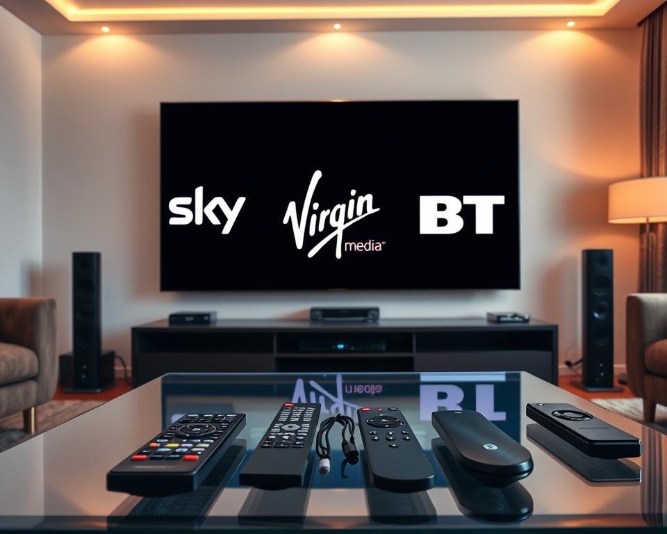 A high-quality wide-angle shot of a modern living room interior, with a large flatscreen TV mounted on the wall. In the foreground, various TV remote controls and streaming devices are arranged neatly on a sleek glass coffee table. In the middle ground, three distinct TV provider logos - Sky, Virgin Media, and BT - are prominently displayed on the screen, inviting comparison. The room is bathed in warm, diffused lighting, creating a cozy and informative atmosphere. The overall composition emphasizes the key TV providers and their offerings, suited for an informative article on live TV streaming subscriptions in the UK.
