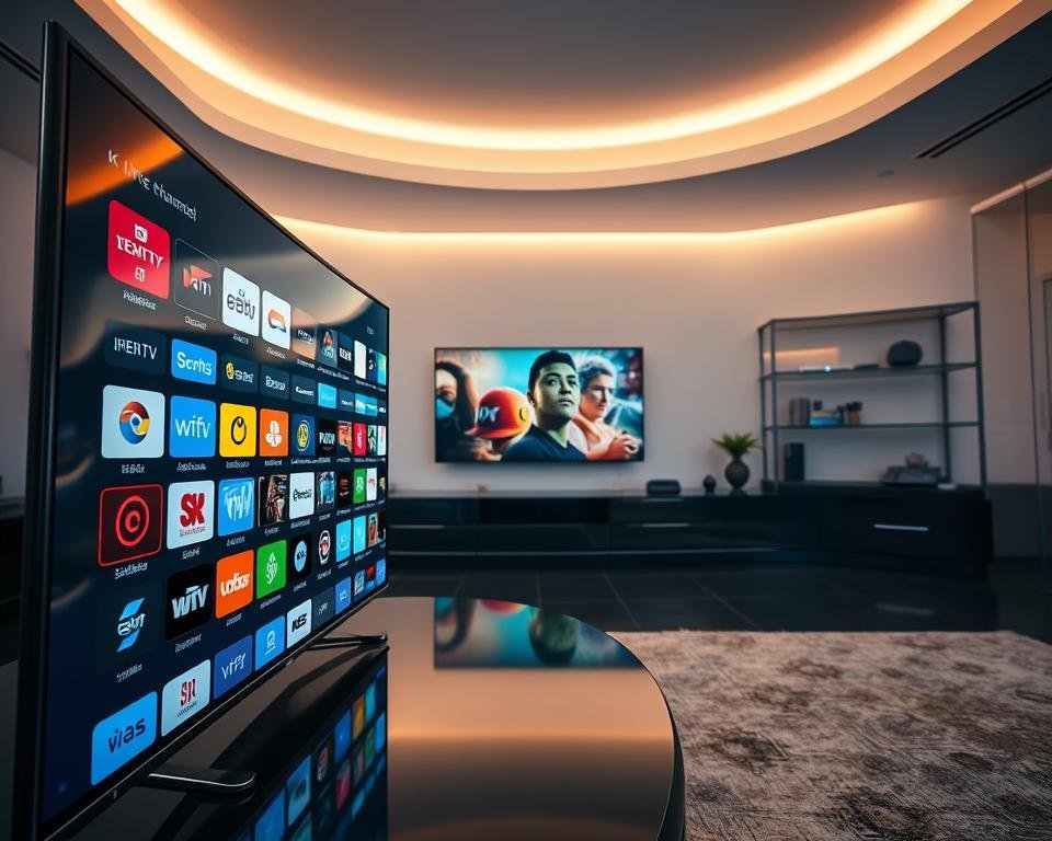 A high-quality, wide-angle view of a sleek and modern media center, showcasing a selection of live TV channel logos and thumbnails. The foreground features a curved, glossy display showing a grid of vibrant, high-definition channel previews, with a seamless and intuitive user interface. In the middle ground, a sophisticated media cabinet in dark, brushed metal with clean lines and minimalist design. The background is a softly lit, futuristic interior with neutral tones and subtle ambient lighting, creating a sense of calm and sophistication. The overall atmosphere is one of high-end, immersive entertainment, reflecting the "unrivalled" nature of the UK IPTV subscription service.