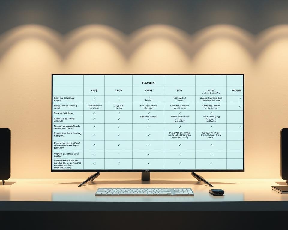 A high-resolution comparative analysis table showcasing various IPTV service features, pros, and cons. The table is displayed on a sleek, modern desk setup with a minimalist aesthetic. Soft, directional lighting creates depth and highlights the clean, organized layout. The table has a minimalist, grid-like structure with clearly delineated columns and rows, presenting the information in a concise, easy-to-digest format. The overall mood is professional, informative, and visually appealing, designed to engage the viewer and support the article's subject matter.