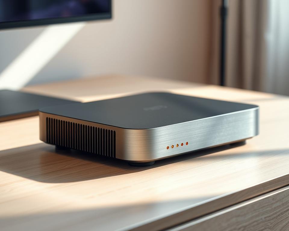 A high-tech IPTV device resting on a modern, minimalist desk. The device has a sleek, brushed metal body with clean lines and a subtle LED indicator. The desk is made of light-colored wood, with a smooth, reflective surface. Soft, directional lighting illuminates the scene, casting subtle shadows and highlights that accentuate the device's form. The background is blurred, creating a sense of depth and focus on the IPTV device, conveying its technological superiority and compatibility with various media platforms.