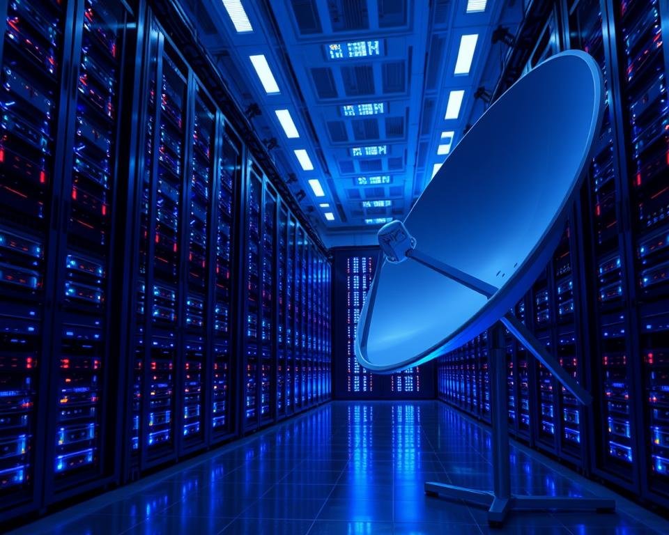 A high-tech data center with rows of powerful servers, their LED indicator lights flickering in a mesmerizing pattern. The scene is bathed in a cool blue glow, creating an atmosphere of efficiency and cutting-edge technology. In the foreground, a sleek satellite dish points skyward, symbolizing the seamless connectivity and lightning-fast data transmission powering the Xtreme HD IPTV streaming service. The overall composition conveys a sense of reliability, performance, and the sheer scale of the infrastructure delivering an unparalleled viewing experience.