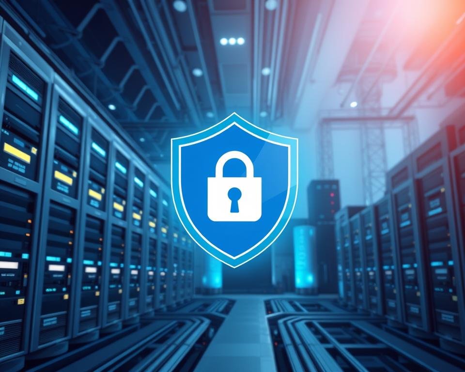 A high-tech security infrastructure with servers, data centers, and communication towers. In the foreground, a virtual security shield symbolizes the robust protection of IPTV content and user privacy. Sleek, futuristic design with a minimalist color palette of blues and grays, conveying a sense of sophistication and trustworthiness. Soft, directional lighting highlights the key elements, creating depth and drama. The overall atmosphere is one of advanced, secure, and compliant IPTV technology, ready to serve the needs of global expats in 2025.