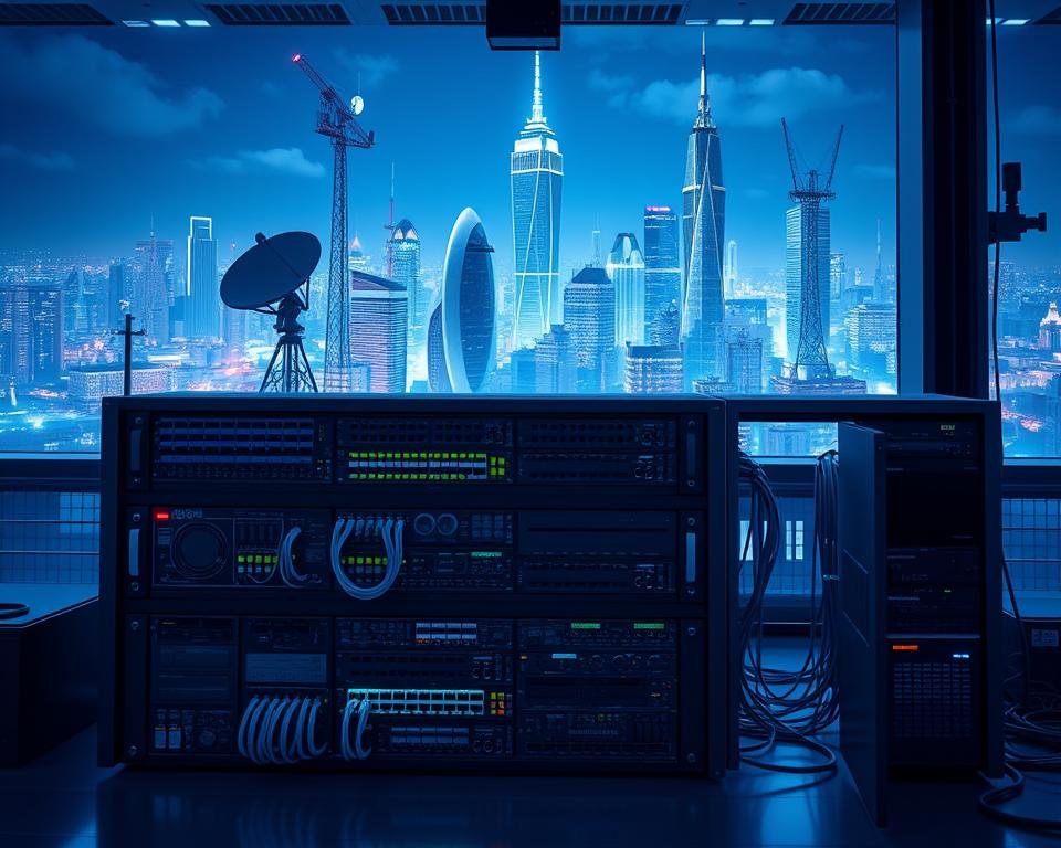 A large-scale IPTV infrastructure presented in a sleek, modern style. In the foreground, a central server rack displaying various network equipment and fiber optic connections. In the middle ground, an array of satellite dishes and wireless transmission towers, conveying the multi-modal nature of IPTV delivery. The background features a futuristic cityscape with towering skyscrapers and a vibrant, dynamic atmosphere, highlighting the integration of IPTV technology within the urban landscape. The scene is illuminated by cool, blue-tinted lighting, exuding a sense of technological sophistication and efficiency. The overall composition emphasizes the complex, interconnected nature of IPTV systems that enable seamless video streaming experiences.