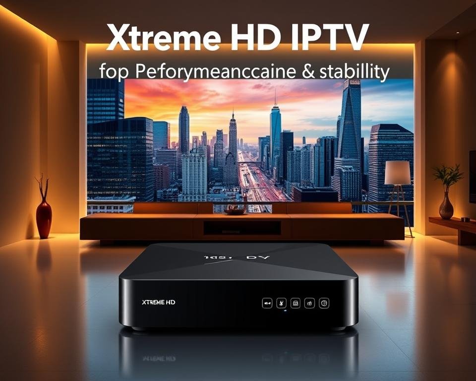 A large, sleek IPTV box with crisp, high-definition display showcasing vibrant colors and sharp details. The device is positioned in a modern, minimalist living room setting, bathed in warm, ambient lighting that highlights its premium design. In the background, a cityscape of towering skyscrapers and bustling streets conveys a sense of urban connectivity, emphasizing the box's ability to deliver a seamless, high-performance streaming experience. The overall composition exudes a feeling of technological sophistication, power, and reliability, reflecting the "Xtreme HD IPTV: Top Choice for Performance and Stability" theme.