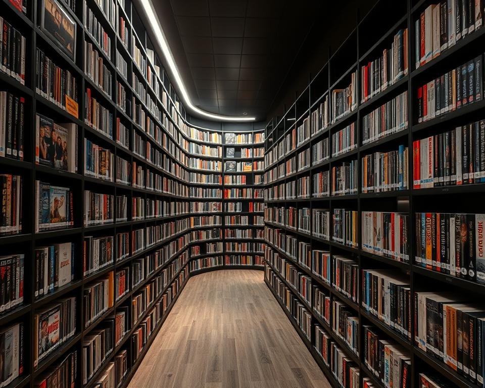 A large, well-organized library of movies and TV shows, with rows of sleek black shelves stocked with a diverse array of video content. Soft, warm lighting illuminates the shelves, creating an inviting and cozy atmosphere. The camera pans across the shelves, revealing a vast collection of titles spanning various genres, from action and adventure to comedy and drama. The shelves are meticulously arranged, with each title clearly visible and easily accessible. The overall impression is one of an extensive, high-quality video on demand collection that caters to a wide range of tastes and preferences.
