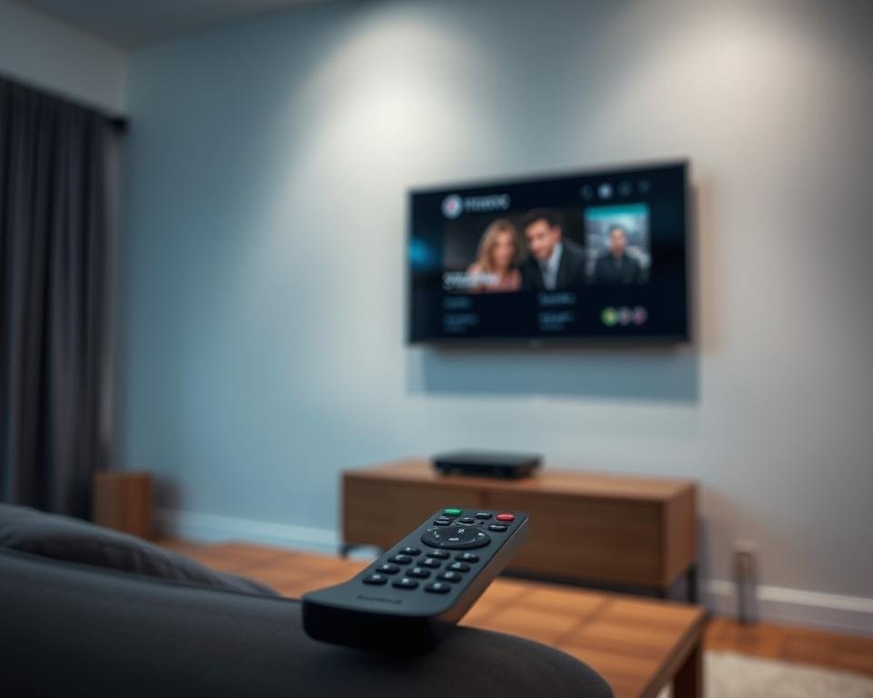 A living room setup with a TV mounted on the wall, a streaming device or cable box nearby, and a remote control in the foreground. The setup is clean, minimal, and easily accessible, with subtle lighting highlighting the key elements. The overall atmosphere is calm and inviting, conveying the simplicity of the process. The camera angle is slightly elevated, providing a clear, unobstructed view of the setup. A living room setup with a TV mounted on the wall, a streaming device or cable box nearby, and a remote control in the foreground. The setup is clean, minimal, and easily accessible, with subtle lighting highlighting the key elements. The overall atmosphere is calm and inviting, conveying the simplicity of the process. The camera angle is slightly elevated, providing a clear, unobstructed view of the setup.