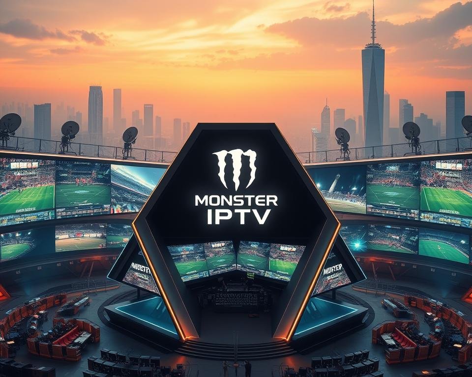 A majestic, modern sports broadcasting hub with an iconic, futuristic design. In the foreground, a sleek, angular structure with a prominent Monster IPTV logo glows against a backdrop of seamless, high-definition screens showcasing a variety of live sporting events. The middle ground features state-of-the-art satellite dishes and antennas, conveying the cutting-edge technology powering the service. The background is filled with a cityscape of towering skyscrapers, hinting at the global reach and scale of this premier sports streaming platform. The scene is bathed in a warm, vibrant color palette, radiating an atmosphere of excitement and anticipation for the ultimate sports viewing experience.