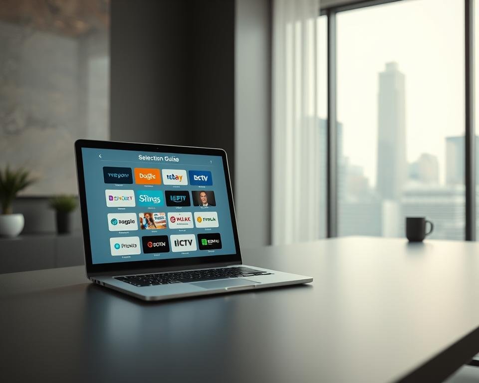 A minimalist, clean-lined desktop display showcasing an IPTV service selection guide. The foreground features a laptop or tablet screen displaying a grid of colorful service icons, each representing a different IPTV provider. The middle ground shows a desk or workspace with a sleek, modern aesthetic, accentuated by muted tones and subtle lighting. The background suggests a bright, airy environment, perhaps with a window overlooking a cityscape, creating a sense of professional, informative atmosphere. The overall composition conveys a balanced, visually appealing layout that effectively highlights the IPTV service options in an organized, easy-to-navigate manner.