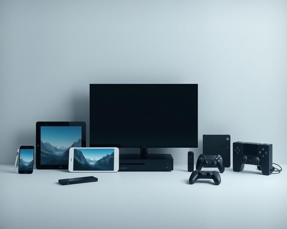 A minimalist, high-tech digital composition depicting various modern electronic devices arranged in a visually appealing layout, showcasing their compatibility with popular streaming services. The devices, such as smartphones, tablets, smart TVs, and game consoles, are depicted in a clean, sleek style against a subtly textured, muted background, emphasizing their versatility and seamless integration with streaming platforms. The composition is balanced, with the devices positioned to create a sense of harmony and functionality. Subtle lighting and shadows add depth and dimension, while the overall color palette is restricted to a calming, neutral range to maintain a professional, informative tone suitable for an article on international TV services.
