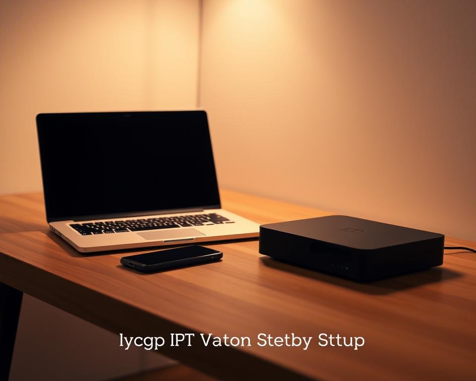 A minimalist home office setup with a laptop, a smartphone, and an IPTV box positioned on a sleek wooden desk. The lighting is warm and indirect, creating a cozy, productivity-focused atmosphere. The background features a simple, uncluttered wall with a subtle texture, allowing the technology setup to be the focal point. The overall composition emphasizes the ease and convenience of the IPTV setup process, reflecting the section title "Setting Up Your IPTV Service Step by Step".