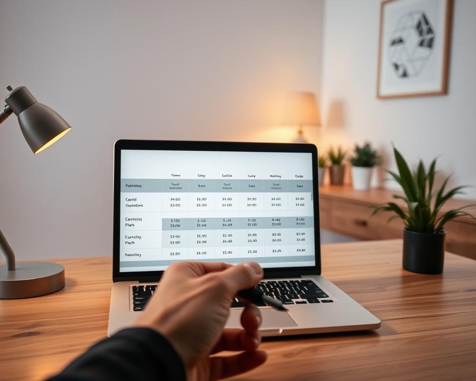 A minimalist office scene with a laptop displaying a grid of subscription plan options, illuminated by warm, soft lighting from a desk lamp. In the foreground, a hand holds a pen, poised to evaluate and compare the different plan details. The background features a wooden desk, a potted plant, and a wall adorned with simple geometric artwork, creating a contemplative and professional atmosphere. The overall composition emphasizes the decision-making process involved in selecting the most suitable subscription plan.