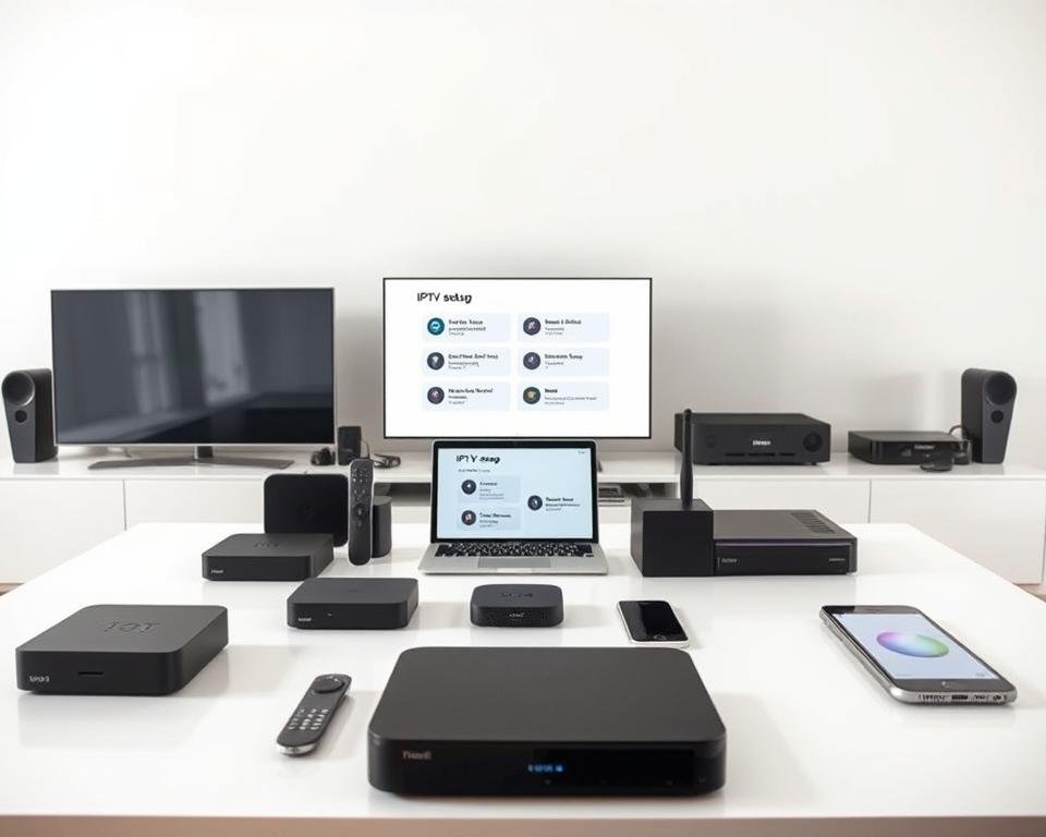 A minimalist setup guide showcasing various IPTV-compatible devices on a sleek, modern tabletop. In the foreground, an array of devices such as smart TVs, streaming boxes, smartphones, and tablets are neatly arranged, highlighting their connectivity and functionality. The middle ground features a clean, uncluttered workspace with a laptop or tablet displaying step-by-step IPTV setup instructions. The background has a soft, natural lighting that creates a calming, informative atmosphere, encouraging the viewer to engage with the setup process. The overall composition conveys a sense of simplicity and ease of use, making the IPTV setup accessible to a wide range of users. A minimalist setup guide showcasing various IPTV-compatible devices on a sleek, modern tabletop. In the foreground, an array of devices such as smart TVs, streaming boxes, smartphones, and tablets are neatly arranged, highlighting their connectivity and functionality. The middle ground features a clean, uncluttered workspace with a laptop or tablet displaying step-by-step IPTV setup instructions. The background has a soft, natural lighting that creates a calming, informative atmosphere, encouraging the viewer to engage with the setup process. The overall composition conveys a sense of simplicity and ease of use, making the IPTV setup accessible to a wide range of users.
