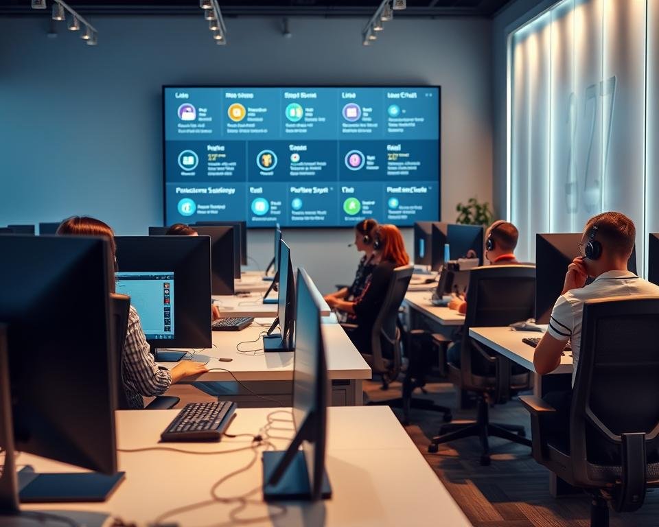 A modern 24/7 customer support center, with sleek desks, adjustable ergonomic chairs, and multiple computer monitors. In the foreground, a team of customer service agents, wearing headsets and speaking with customers. Soft, indirect lighting illuminates the scene, creating a professional and welcoming atmosphere. In the background, a large wall-mounted display showcases various communication channels, including phone, email, and live chat. The overall impression is one of efficiency, attentiveness, and a commitment to providing round-the-clock assistance to customers.