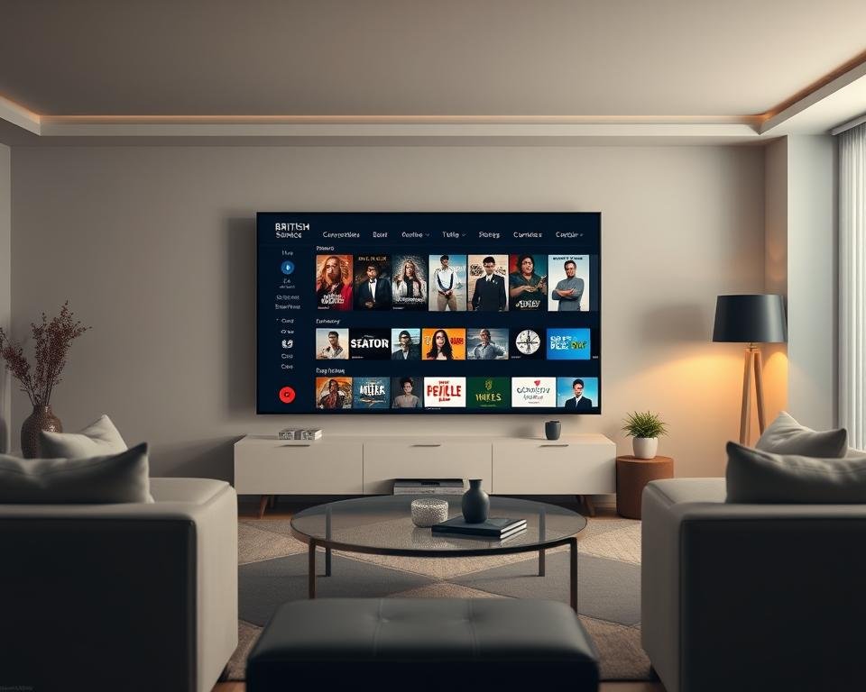 A modern British television streaming service interface. Sleek, minimalist design with bold typography and clean lines. The center screen displays a selection of popular shows and movies, with a sidebar menu for navigation. The background features a soft, muted color palette evoking a cozy, living room atmosphere, with subtle lighting creating a warm, inviting ambiance. High-quality, realistic textures and materials convey a premium, high-tech feel. The overall aesthetic is elegant, user-friendly, and reflective of the refined, sophisticated nature of British media.