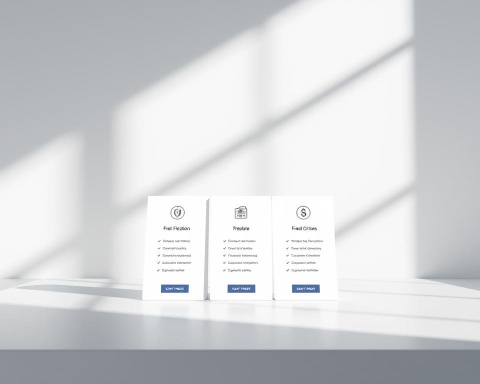 A modern and minimalist composition showcasing flexible subscription plans. In the foreground, three distinct plan options are displayed on crisp, white cards, each with its own icon and pricing details. The middle ground features a sleek, abstract background with gentle gradients and geometric patterns, creating a sense of depth and visual interest. Soft, directional lighting from the top left casts subtle shadows, adding depth and dimension to the scene. The overall mood is clean, professional, and visually appealing, reflecting the transparency and flexibility of the subscription plans.
