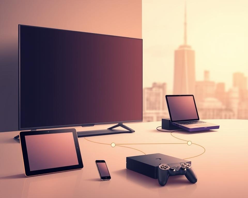 A modern and minimalist illustration depicting a variety of digital devices effortlessly connected and compatible with a popular streaming service. In the foreground, a sleek smart TV, tablet, and smartphone arranged harmoniously. The middle ground showcases a laptop and gaming console, all linked by subtle, glowing connection lines. The background features a softly blurred cityscape, hinting at the global reach and accessibility of the streaming platform. Warm, diffused lighting creates a sense of unity and seamless integration between the devices. The overall composition conveys a message of comprehensive device compatibility and a user-friendly, integrated streaming experience.