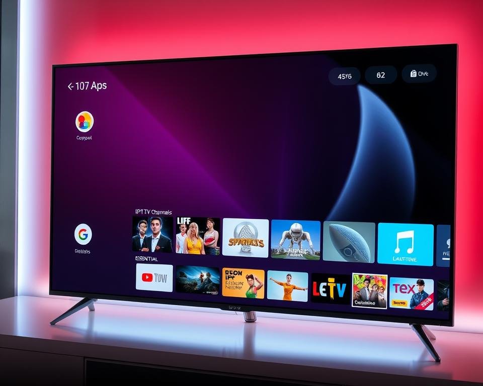 A modern and sleek IPTV service interface displayed on a high-definition television screen, showcasing a range of essential premium features. The foreground features colorful app icons, smooth navigation menus, and intuitive controls. The middle ground depicts a diverse selection of live TV channels, on-demand content, and subscription packages. The background showcases a minimalist, high-contrast design with subtle lighting effects, creating a premium and immersive viewing experience. The overall composition conveys the convenience, versatility, and high-quality standards of a cutting-edge IPTV service tailored for the modern smart TV user.