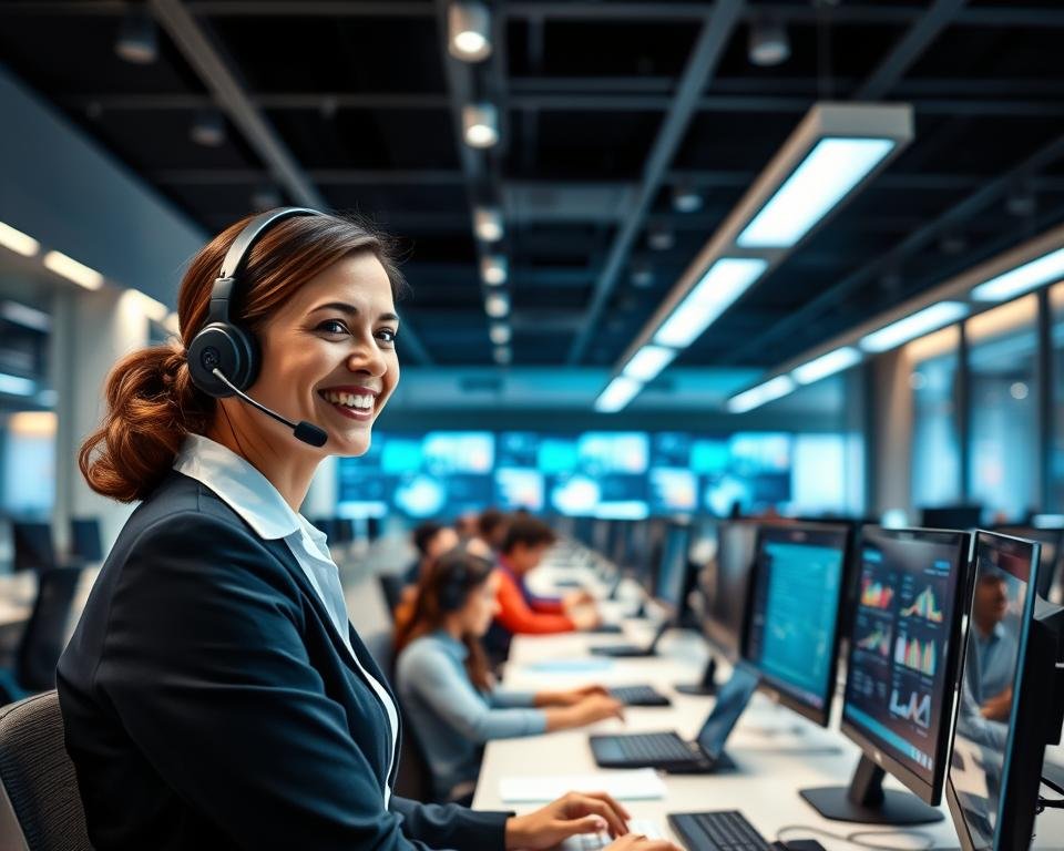 A modern call center with sleek, minimalist interior design. In the foreground, a customer service agent smiles warmly as they assist a client over the phone, conveying a sense of friendly, efficient support. The middle ground features rows of agents diligently working at their desks, illuminated by soft, natural lighting. In the background, a bank of high-resolution monitors displays real-time data and analytics, showcasing the technical capabilities that enable seamless customer experiences. The overall scene radiates a professional, customer-centric atmosphere, capturing the essence of a world-class customer support operation.