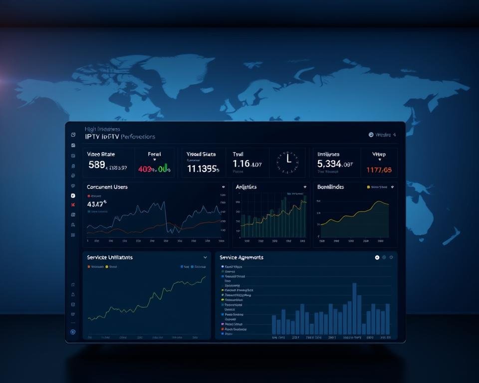 A modern digital dashboard displaying comprehensive performance metrics for a high-quality IPTV streaming service. The foreground showcases a sleek, minimalist interface with real-time data visualizations tracking key indicators such as video bitrate, latency, concurrent users, and bandwidth utilization. The middle ground features detailed analytics charting historical trends and service-level agreements. The background subtly depicts a stylized world map, symbolizing the global reach and connectivity of the IPTV platform. The overall aesthetic conveys a sense of technological sophistication, data-driven insights, and reliability - essential attributes for evaluating leading UK IPTV services. A modern digital dashboard displaying comprehensive performance metrics for a high-quality IPTV streaming service. The foreground showcases a sleek, minimalist interface with real-time data visualizations tracking key indicators such as video bitrate, latency, concurrent users, and bandwidth utilization. The middle ground features detailed analytics charting historical trends and service-level agreements. The background subtly depicts a stylized world map, symbolizing the global reach and connectivity of the IPTV platform. The overall aesthetic conveys a sense of technological sophistication, data-driven insights, and reliability - essential attributes for evaluating leading UK IPTV services.