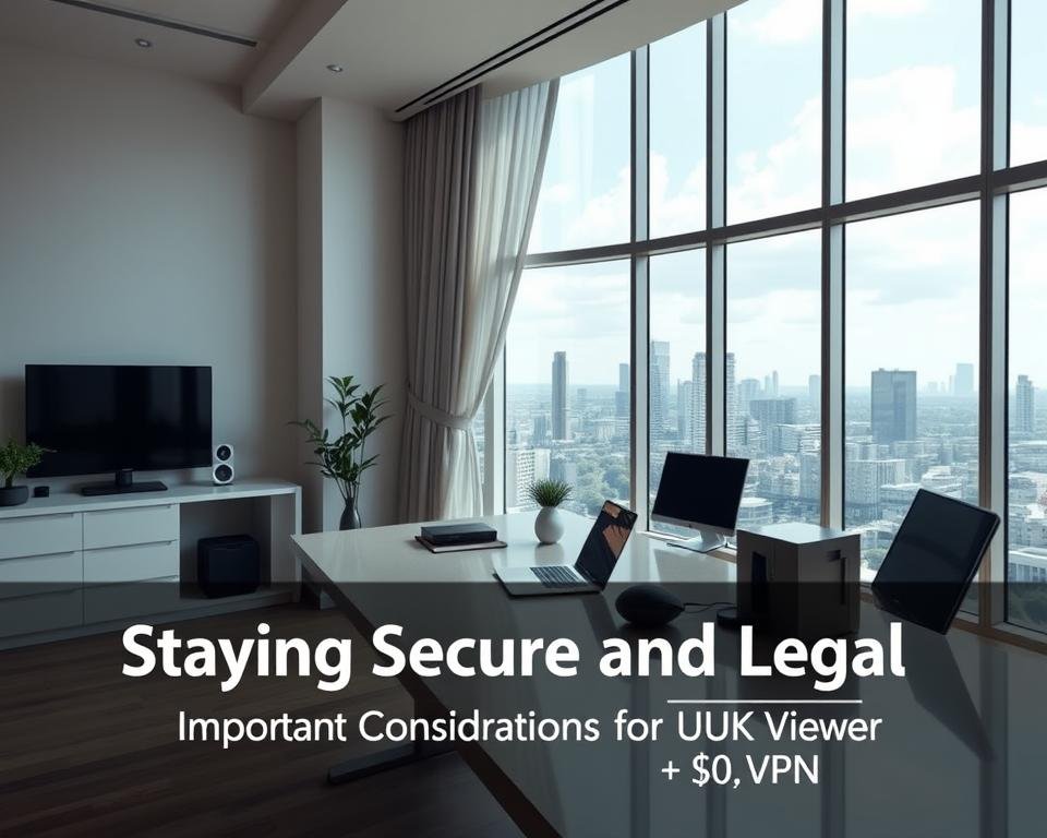 A modern, elegant home office with a sleek, minimalist design. The space is filled with natural light, a large desk with a laptop, and various cybersecurity devices like a firewall, router, and VPN. In the background, a window overlooking a serene urban landscape, suggesting the importance of secure online connectivity. The overall mood is one of professionalism, efficiency, and digital safety, conveying the idea of "Staying Secure and Legal: Important Considerations for UK Viewers".