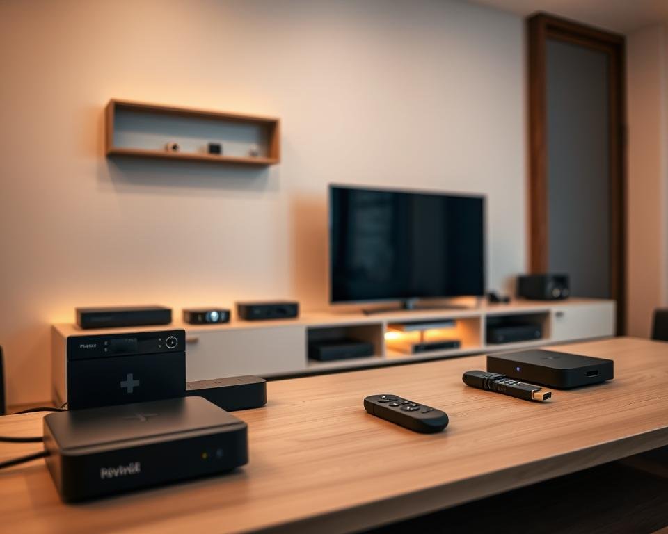 A modern home entertainment setup featuring a sleek TV stand with multiple streaming devices neatly arranged. In the foreground, a state-of-the-art smart TV takes center stage, its display illuminated by warm, diffused lighting. Surrounding the TV, various streaming boxes and dongles are carefully placed, their LED indicator lights softly glowing. The middle ground showcases a clean, minimalist media console with discreet cable management, while the background features a simple, yet stylish wall-mounted entertainment system. The overall scene conveys a sense of technological sophistication and seamless integration, perfectly suited for enjoying on-demand IPTV content.