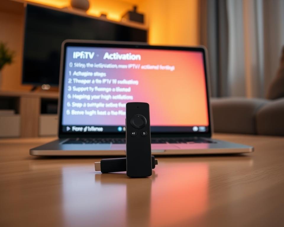 A modern home entertainment setup, with a sleek Firestick and a laptop displaying an IPTV activation process. The Firestick is centered in the frame, backlit by a warm, inviting glow. The laptop's screen shows step-by-step instructions, guiding the user through the activation flow. The lighting is soft and diffused, creating a calm, informative atmosphere. The composition emphasizes the simplicity and ease of the IPTV activation, with the Firestick and laptop working in harmony. The overall scene conveys the accessibility and user-friendliness of the IPTV setup, perfectly complementing the "Activation, Support, and Getting Started" section of the article.