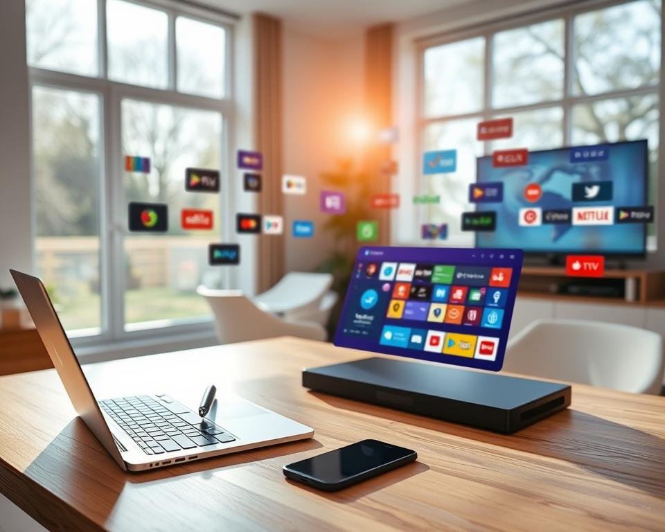 A modern home office interior with a laptop, tablet, and smartphone arranged on a sleek wooden desk. Daylight streams in through large windows, casting a warm, natural glow over the scene. In the background, colorful application icons and streaming service logos float against a slightly blurred backdrop, representing the various media options being evaluated. The overall mood is one of thoughtful consideration and technological integration, capturing the essence of choosing a stable IPTV service for a seamless viewing experience.
