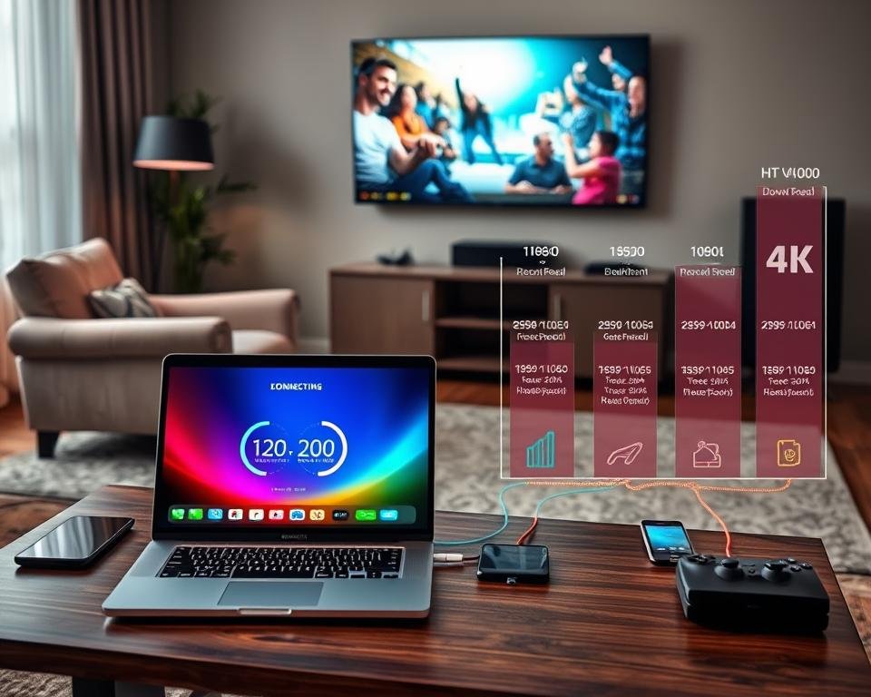 A modern living room with a cozy armchair and a large flatscreen TV on the wall. In the foreground, a laptop open on a coffee table displays a colorful streaming interface, with download and upload speed indicators prominently shown. The middle ground features various connected devices like a smartphone, tablet, and gaming console, all linked together by glowing network cables. The background showcases a stylized graph depicting the recommended broadband speeds for different streaming resolutions, from 1080p to 4K, creating an informative and visually engaging scene.