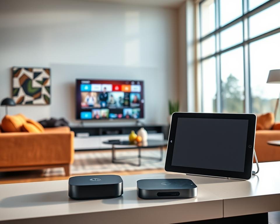 A modern living room with a cozy, inviting atmosphere. In the foreground, a sleek, minimalist entertainment system with multiple devices - a smart TV, a streaming box, and a tablet - seamlessly integrated, showcasing the flexibility of a multi-device IPTV service. The devices are arranged in a visually appealing manner, with clean lines and a harmonious color scheme. In the middle ground, a comfortable sofa and armchair invite viewers to relax and enjoy the content. The background features large windows, allowing natural light to flood the space and create a bright, airy ambiance. The overall scene conveys a sense of effortless convenience and the ability to access entertainment content across multiple devices.
