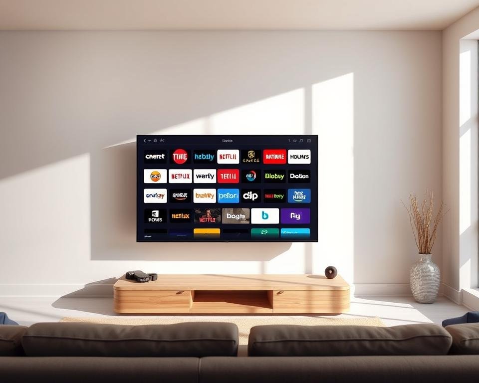 A modern living room with a flat-screen TV prominently displayed, showcasing a diverse selection of streaming service logos on the screen. The room is brightly lit with natural light filtering in through large windows, creating a warm and inviting atmosphere. The TV is mounted on a minimalist, wooden entertainment unit, and the surrounding decor is clean and minimalistic, emphasizing the focus on the digital viewing experience. The composition emphasizes the convenience and cost-effectiveness of streaming services compared to traditional cable TV, with a sense of simplicity and efficiency.
