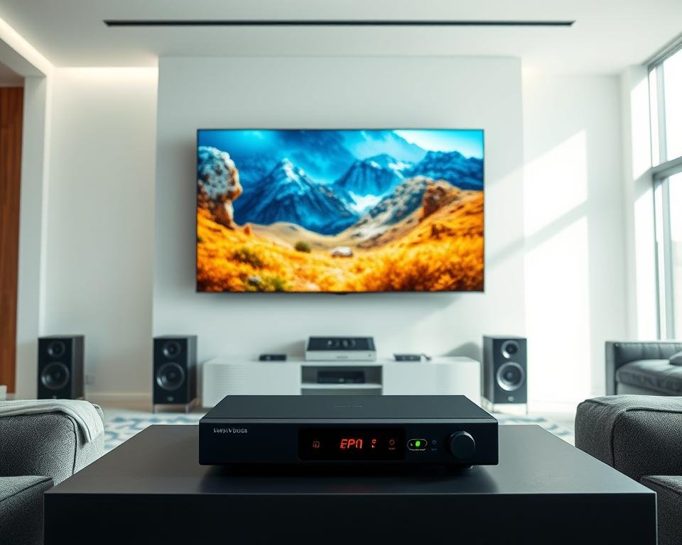 A modern living room with a high-end entertainment setup. In the foreground, a sleek, ultra-high-definition television displays vibrant, crystal-clear IPTV content, its screen seemingly floating in the air. Surrounding the TV, a state-of-the-art sound system with speakers arranged for immersive audio. In the middle ground, a minimalist media console houses the IPTV set-top box, its LED indicators pulsing with the data throughput. The background features large windows, allowing natural light to flood the room, creating a bright, airy atmosphere. The overall scene conveys a sense of technological sophistication, reliable performance, and a premium entertainment experience. A modern living room with a high-end entertainment setup. In the foreground, a sleek, ultra-high-definition television displays vibrant, crystal-clear IPTV content, its screen seemingly floating in the air. Surrounding the TV, a state-of-the-art sound system with speakers arranged for immersive audio. In the middle ground, a minimalist media console houses the IPTV set-top box, its LED indicators pulsing with the data throughput. The background features large windows, allowing natural light to flood the room, creating a bright, airy atmosphere. The overall scene conveys a sense of technological sophistication, reliable performance, and a premium entertainment experience.