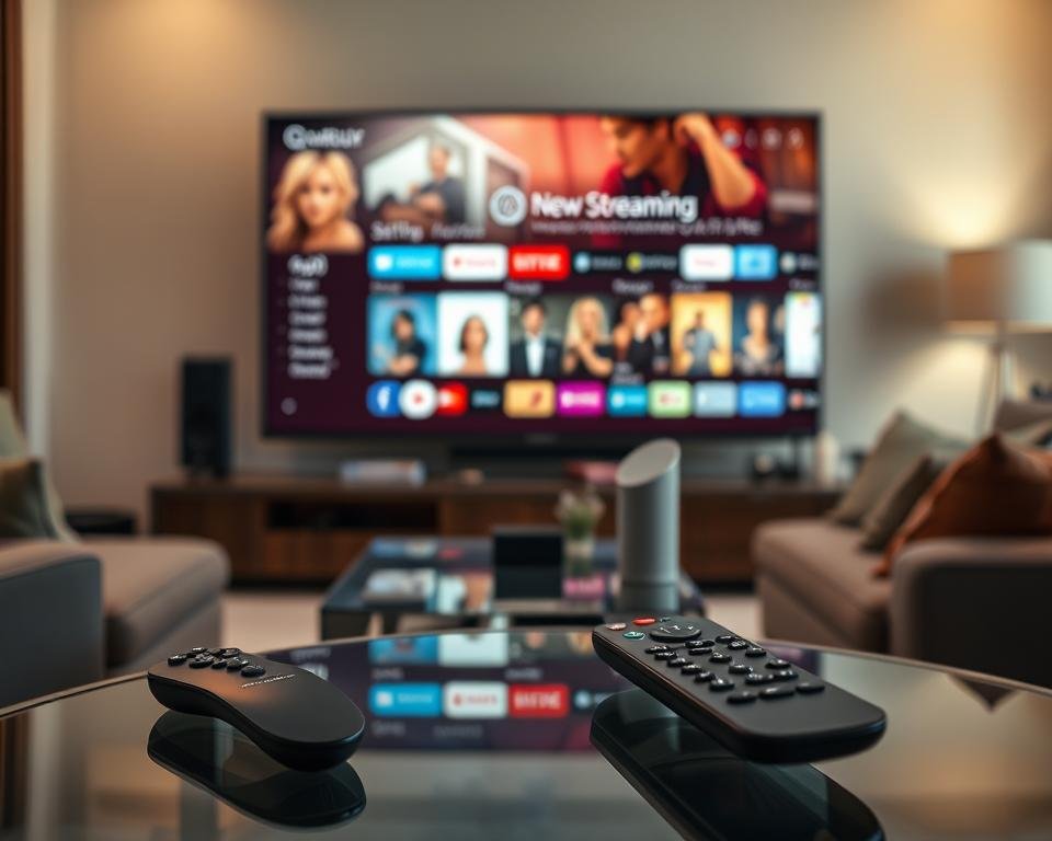 A modern living room with a large, high-definition television set displaying a variety of streaming platforms. The room is well-lit, with soft, warm lighting creating a cozy atmosphere. In the foreground, a sleek, minimalist remote control rests on a glass coffee table, highlighting the ease of navigating the streaming experience. The middle ground features a comfortable sofa, where a person is engaged with the television, immersed in the content. The background showcases a minimalist, yet stylish decor, with subtle hints of technology, such as a streaming device or a smart home assistant, seamlessly integrated into the space, emphasizing the enhanced and integrated nature of the viewing experience.